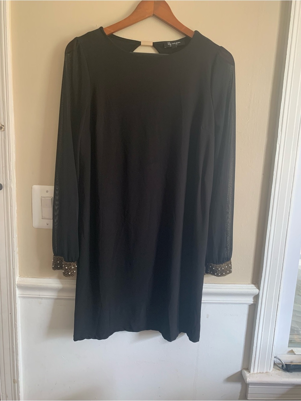 Lily Morgan Black Shift Dress Medium M Sheer Mesh Long Sleeve Beaded Pearl Cuff